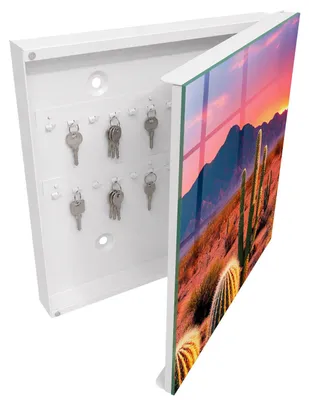 Produktbild von Weißer Schlüsselschrank aus Metall 30 x 30 cm - Schlüsselbox zur Wandmontage mit Tür - rechts öffnender Schlüsselkasten - praktische Schlüsselaufbewahrung für Zuhause - Wüstenwesten, KI-generiertes Bild