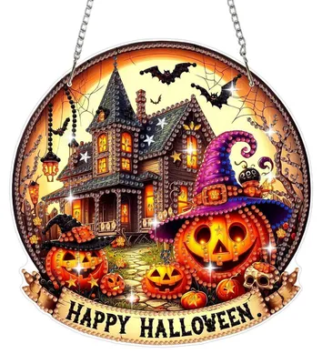Image de Kit de loisirs créatifs pour adultes et enfants : pendentif "peinture diamant" sur le thème d'Halloween, avec un motif de citrouille pour décoration de fenêtre