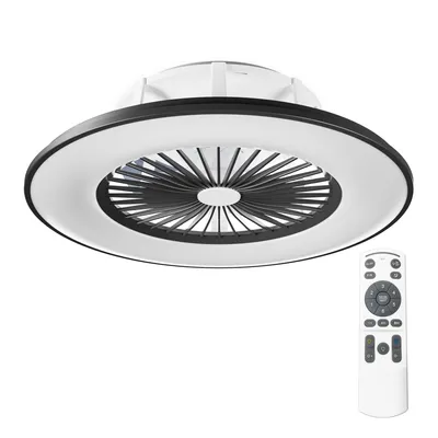 A ceiling fan with integrated LED lighting and a remote control.