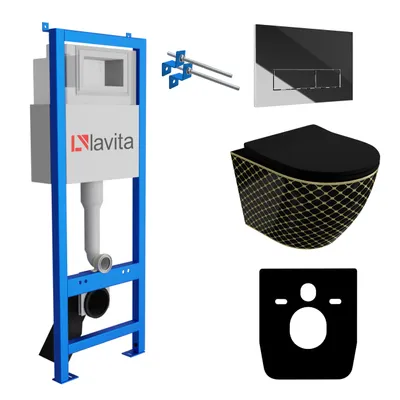 Produktbild von Lavita LAV 101 Vorwandelement für WC 40cm + Wand Hänge Tiefspül WC SOFI SLIM BLACK NIGHT Spülrandlos + Bedienplatte LAV 200.3.2 Verchromt  | Komplettset | Unterputz Spülkasten | Toilette Komplett Sett