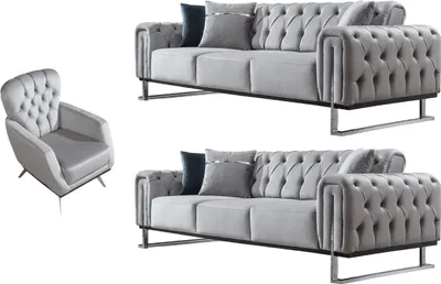 Produktbild von Villa Möbel Sofa Set Nova Hellgrau Stellvariante:2+2+1 Relax- und Bettfunktion, pflegeleichter Mikrofaser Samtstoff