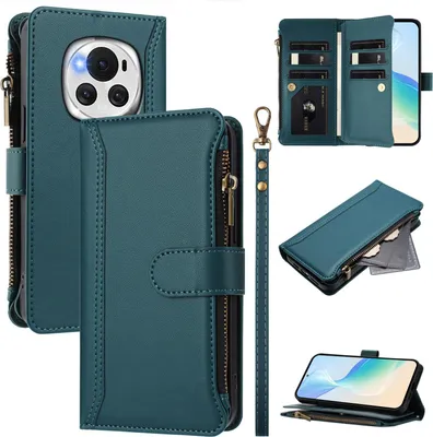 Immagine prodotto di Custodia per Honor Magic6, con cerniera, portafoglio Custodia flip in Finto cuoio con tasche per carte, supporto e passante per mano verde