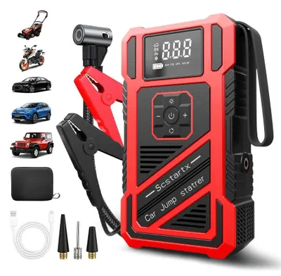 Image de Booster de démarrage 4-en-1 pour voiture - Booster de démarrage avec compresseur d'air - 150 PSI, 14,8 V, batterie externe, écran numérique, portable, pinces standard