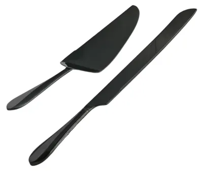 Produktbild von Tortenheber und Tortenmesser Set - Edelstahl mit Wellenschliff - Servierset für Kuchen und Torten - Schwarz spiegelpoliert