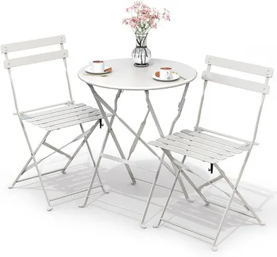 Immagine prodotto di Set da bistrot 3 pezzi, tavolo pieghevole con 2 sedie, set di mobili da giardino, set per balcone, set da giardino in metallo, set da bistrot per esterni, bianco