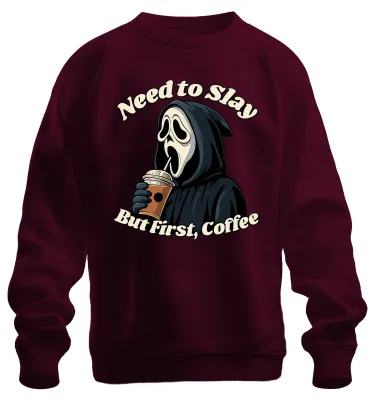 Obrázok produktu pre Ale najprv káva Sensenmann Halloween Kaffee Gothic Lustig Grusel Uni mikina, bordová, S