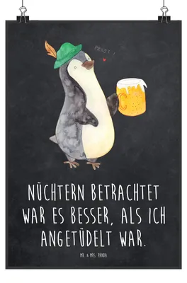 Produktbild von Mr. & Mrs. Panda Bild Pinguin Bier DIN A4 - Kreidetafel - Geschenk, Wandbild, Angetüdelt, Design Poster, wanddeko, typografie, Wanddekoration, , Beschwippst