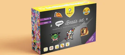 A product box for a bead set, with colorful graphics and product images.