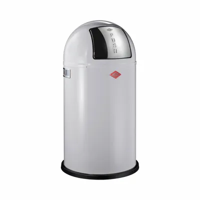 A white Wesco trash can with a silver push lid and a red Wesco logo.