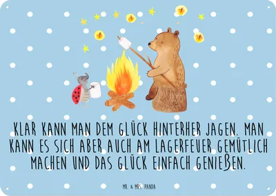 Produktbild von Mr. & Mrs. Panda Wandbild Bär & Marienkäfer Lagerfeuer DIN A3 - Blau Pastell - Geschenk, Türschild Metall, Retro Blechschild, Schild, Teddy, tafel