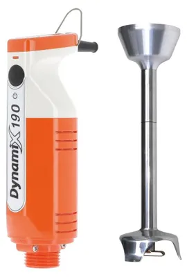 A hand blender and its detachable mixing wand are shown against a white background.