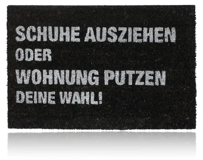 Produktbild von Relaxdays Fußmatte Kokos "Schuhe ausziehen oder Wohnung putzen - Deine Wahl!", außen & innen, Türmatte 60x40 cm, schwarz, KI-generiertes Bild