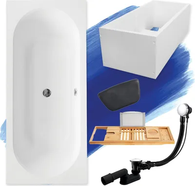 Produktbild von Badewanne Rechteck Set 6in1 180x80 mit Premium Ablaufgarnitur und Füßen GRATIS + Wannenträger + Bambus Holzablage + Kopfstütze in Schwarz | BADLAND VITAE