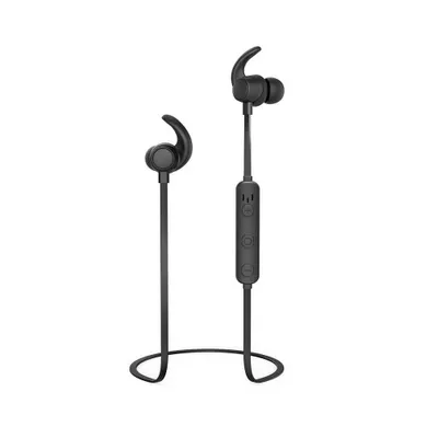 A pair of black wireless earbuds with a connecting cable and an inline remote.