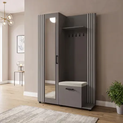 Produktbild von Garderoben-Set im Skandi-Stil mit Spiegel, Sitzbank, Schuhablage & Haken – Flurgarderobe 137 cm in Weißen Lamellen-Optik mit Ablage und Stauraum – Grau – Rechts