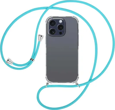 Produktbild von Handykette Backcover-Schutzhülle mit Band (Metall silberfarben) für iPhone 16 Pro - türkis
