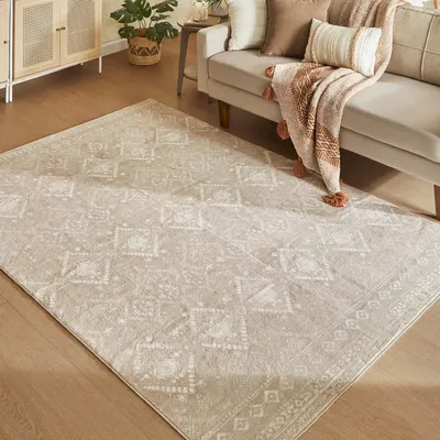 Boho-Teppich 160x230 cm, maschinenwaschbar, rutschfest, Cappuccino Beige