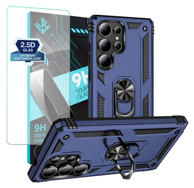 A blue phone case with a ring holder and a screen protector are displayed together.