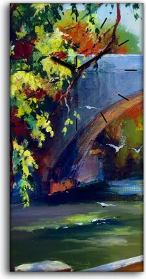 Produktbild von Küchenuhr Bürouhr Leinwand Uhr 30x60 Malerei Bäume Fluss Brücke Zweig Kunst - schwarze Hände