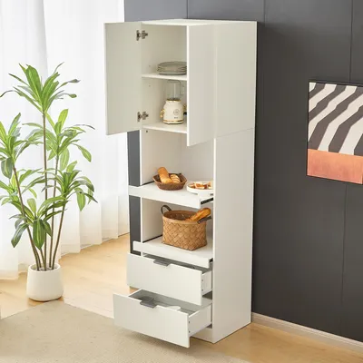 Produktbild von Küchenschrank 59,5 x 45 x 200 cm mit Flügeltür, 2 Schubladen, 2 offenen Schiebeböden, Mikrowellenregal, Kippschutz, Weiß