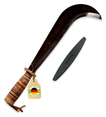Produktbild von Handgeschmiedetes Schweizer Gertel mit Ledergriff und Schleifstein - Staudensichel, Handsichel, Sichel Garten, Sichelmesser