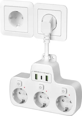 Obrázok produktu pre 3-zásuvková rozbočovačka s adaptérom USB-C a vypínačmi, na montáž na stenu, biela