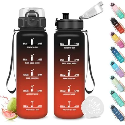 Produktbild von Mujigaga Trinkflasche 1l Auslaufsicher mit Zeitmarkierung für Sport Fitness Büro
