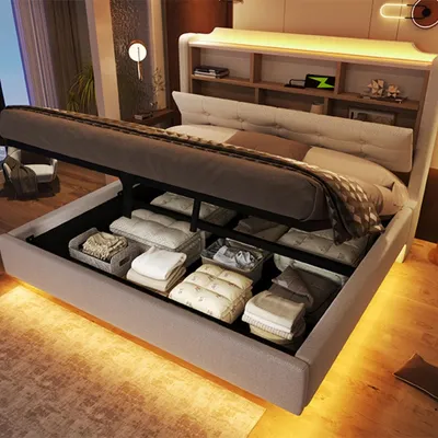 Produktbild von Polsterbett mit LED-Lichtleiste und Hydraulischer Stauraum Doppelbett Jugendbett Leinenstoff 140 × 200 cm Beige
