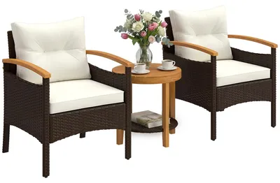 Produktbild von Outsunny Rattan Bistroset 3 teiligesGartenmöbel-Set mit 2 Sessel Holz-Tisch