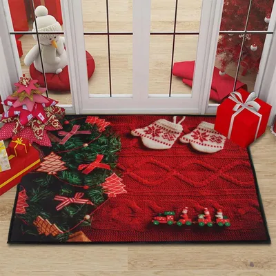 Zdjęcie produktu dla Świąteczna mata pod drzwi, 40 x 60 cm, wykonana z poliestru, z fakturą przypominającą kryształowy aksamit, idealna do przedpokoju, sypialni i biura