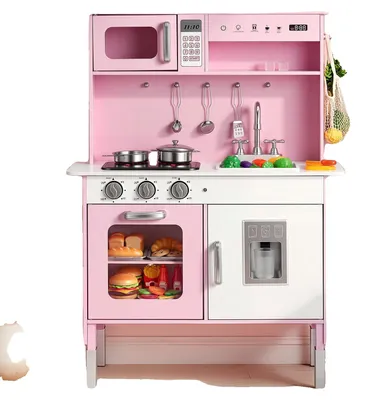 Immagine prodotto di Cucina giocattolo VEVOR per bambini, cucina in legno con luci e suoni, cucina in legno con fornelli, forno, lavello, microonde, distributore di ghiaccio e distributore di bevande, giocattolo da cucina con set da cucina per bambini dai 3 anni in su, rosa