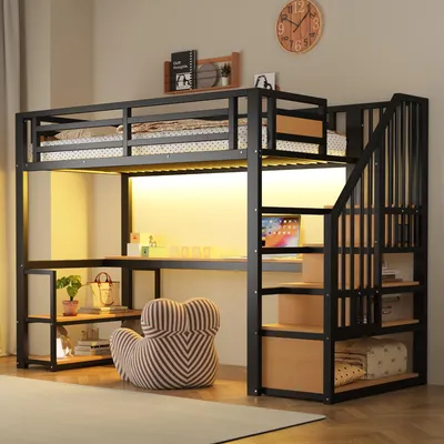 Produktbild von Flieks Etagenbett 90x200cm mit Tisch und Regalen, Metallbett Hochbett mit Led und Ladefunktion, Kinderbett Jugendbett mit Lattenrost, Schwarz