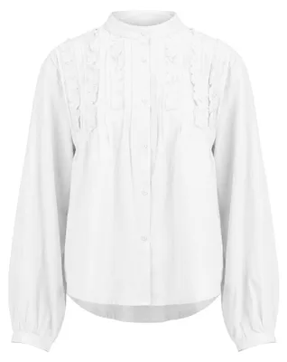 Produktbild von Damen Bluse aus Baumwoll-Polyester-Mix, weiß, Größe XL, mit Stehkragen, langen Ärmeln, Rüschen und Raffungen