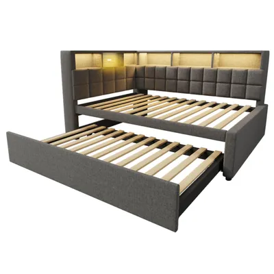 Produktbild von Leinen Polsterbett mit Ausziehbett 90x190, LED, Bluetooth-Lautsprecher, USB+Type-C Ladeanschluss, L-Kopfteil mit Stauraumregal, Schlafsofa/Gästebett