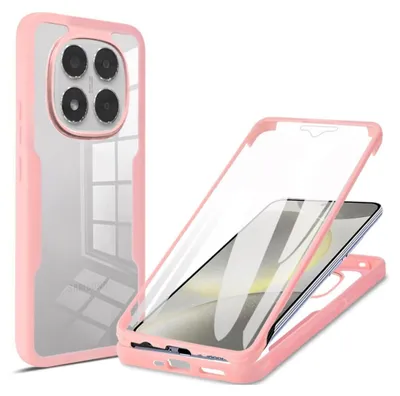 A pink and clear phone case is shown from two angles. One angle shows the back of the case with the camera cutout, and the other shows the case disassembled with a phone inside.
