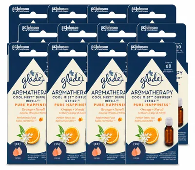 Imagen del producto de 12 unidades de recambio de ambientador Glade Aromatherapy, línea "Pure Happiness", con aroma a naranja y neroli, de 17,4 ml cada uno. Paquete económico