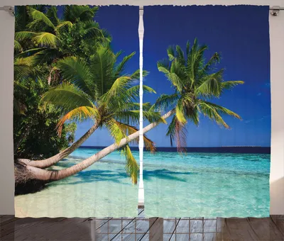 Produktbild von ABAKUHAUS Tropisch Rustikaler Vorhang, Exotischer Strand der Malediven, Wohnzimmer Universalband Gardinen mit Schlaufen und Haken, 280 x 260 cm, Farngrün Türkis Blau