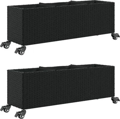 Image de vidaXL Bac à plantes avec roulettes 2 pcs. noir 107x32x38 cm Poly rotin
