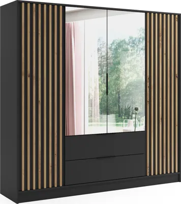 Produktbild von ALTDECOR Kleiderschrank NERA mit Spiegel und selbstschließenden Flügeltüren mit Lamel - 200 cm Schwarz / Artisan