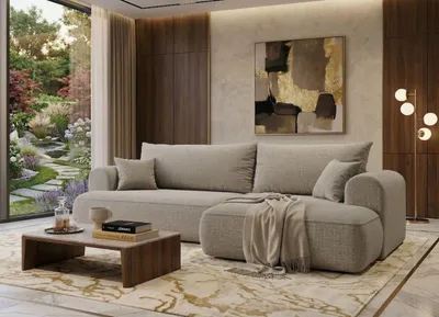 Produktbild von Sofa Vitton B&B HOME Big-Sofa Vitton mit Schlaffunktion, L-Form, Cord, Beige, Skandinavisch, Bettkasten, Wohnzimmer (Armlehne rechts)
