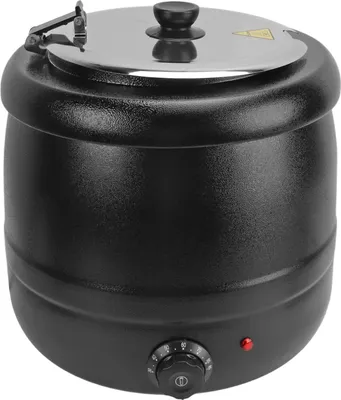 A black soup kettle warmer with a silver lid and a control dial on the front.