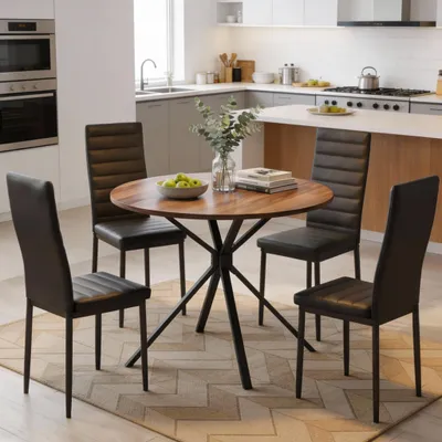 Immagine prodotto di BEALIFE Tavolo da pranzo rotondo 100 cm ø con 4 sedie | Set per 2-4 persone, ideale per piccoli appartamenti | Nero/Marrone retrò | TB64