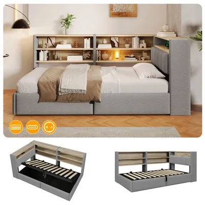 Produktbild von Polsterbett 90 x 200 cm mit hydraulischem Stauraum, RGB-LED, USB-A/USB-C & Steckdose, Kopfteilregale links/rechts montierbar, Samt, Grau/We