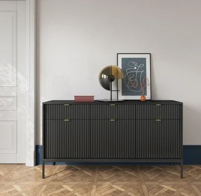 Produktbild von Kommode – Sideboard – Breite Kommode – KSZ154 – NOVA – Schwarz – Breite Stauraumkommode mit moderner Rillenoptik