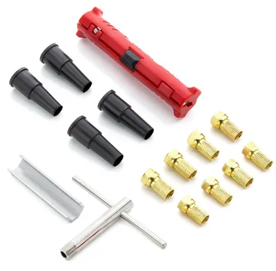 Productafbeelding van deleyCON SAT Montageset, 15-delig - 4x rubberen dopjes, 8x vergulde F-connectoren, ontklemmer, F-connector borgmoer, hulpstuk voor het losdraaien, F-montagesleutel, installatieset