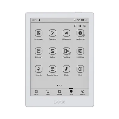 A white e-reader device displaying its home screen with various app icons.