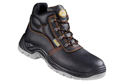 A black work boot with orange stitching and laces, shown against a white background.