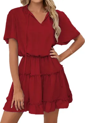 Produktbild von ASKSA Damen Kurzarm Kleid Elegant Rüschen Sommer V-Ausschnitt Tunikakleid Einfarbig Kleider, Rot, M