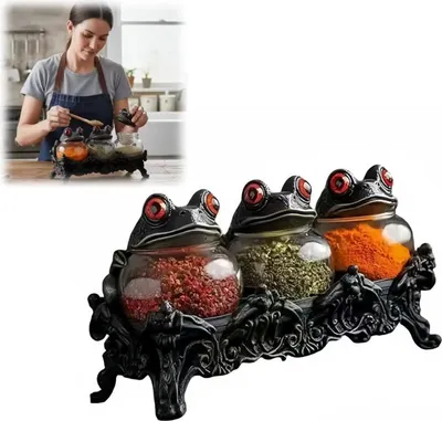 Produktbild von Witchy Frog Apotheker-Gewürzdosen-Set, einzigartige Hexen-Gewürzgläser, gotische Lebensmittelbehälter mit Froschdeckel, Küchenaufbewahrung für Gewürze