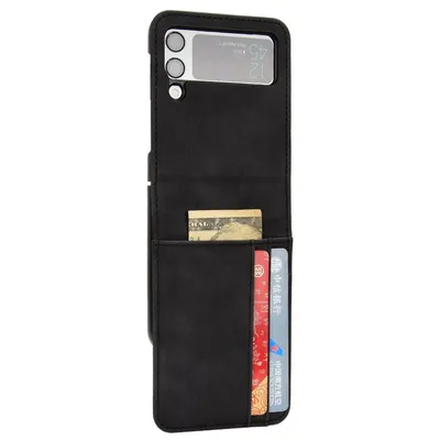 A black flip phone case with card slots is shown against a white background.